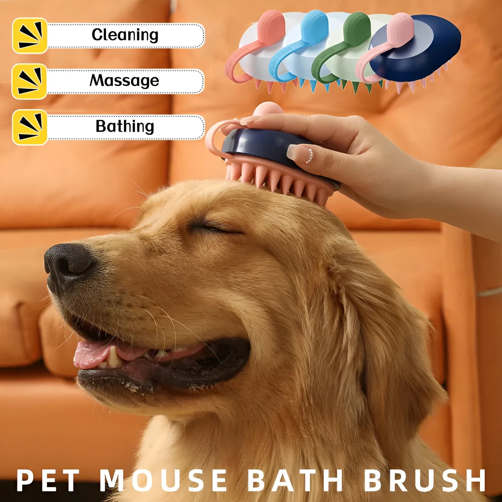 Handheld silicone dog bath brush with soft TPR massage bristles for hair removal during washing.