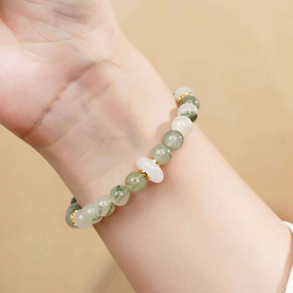 Emerald Green Tian Shan Cui stone half bracelet for women with round national style design.