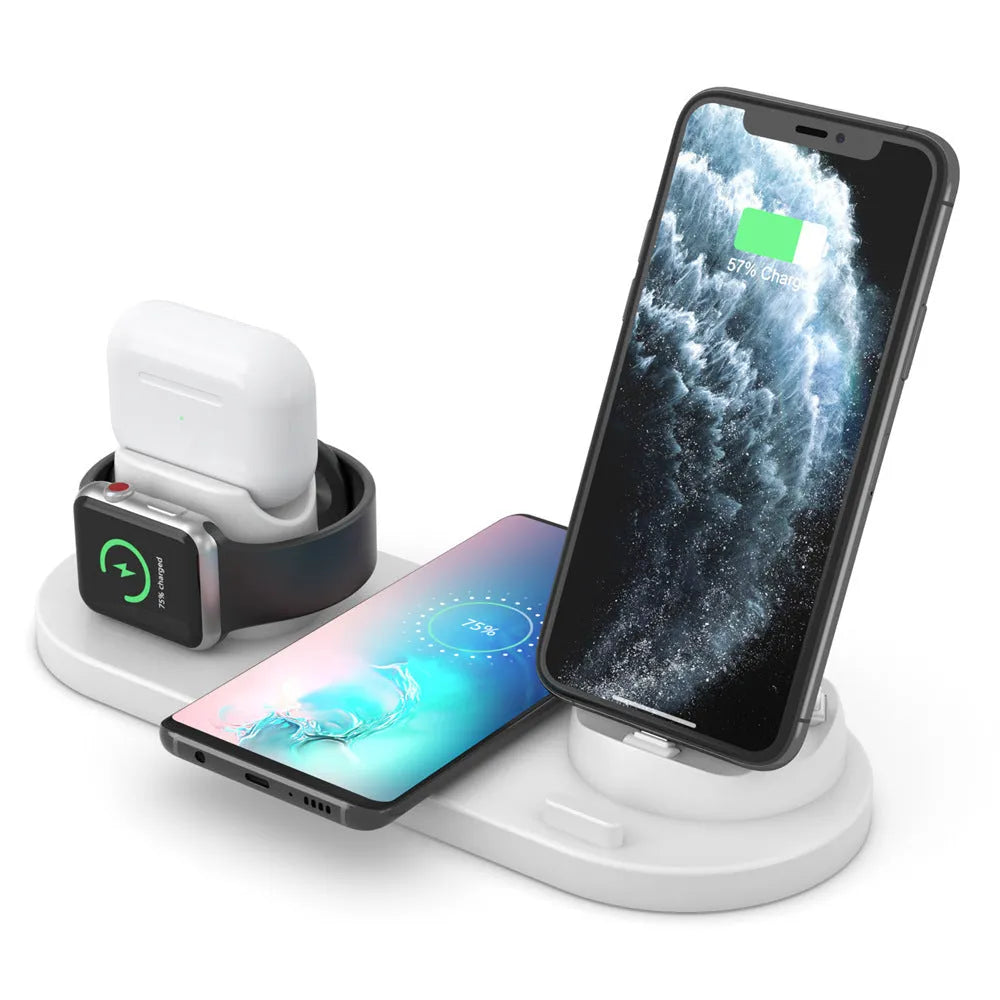 Black 6-in-1 wireless charging station with phone holder charging iPhone, AirPods, and Apple Watch