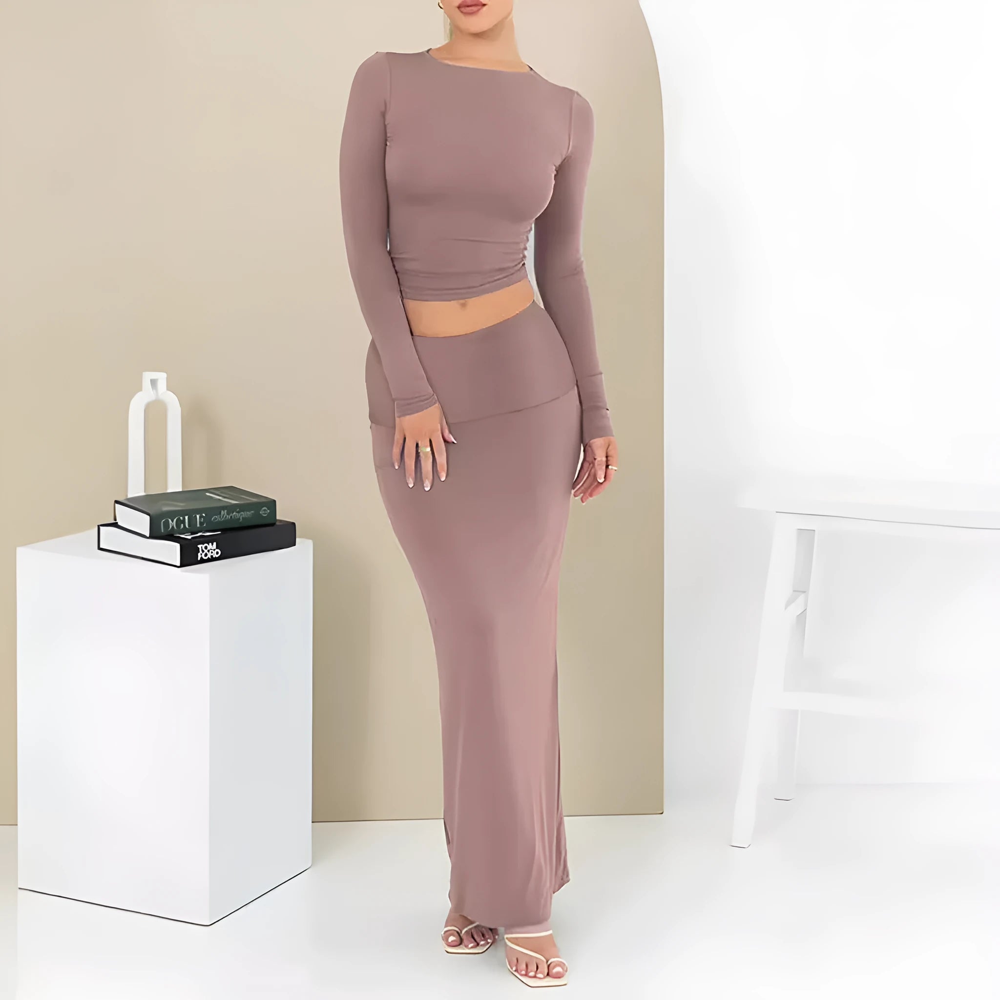 Women's autumn two-piece suit set with three-quarter sleeves and long skirt in polyester fabric
