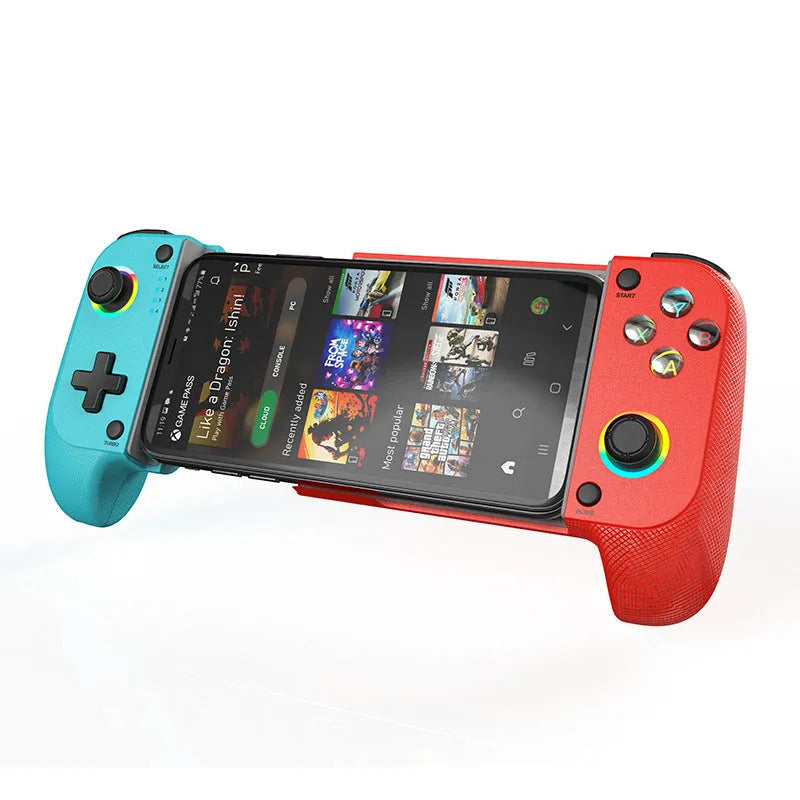 Bluetooth wireless game controller with stretching handles for mobile phones in black, red and blue, or white colour options