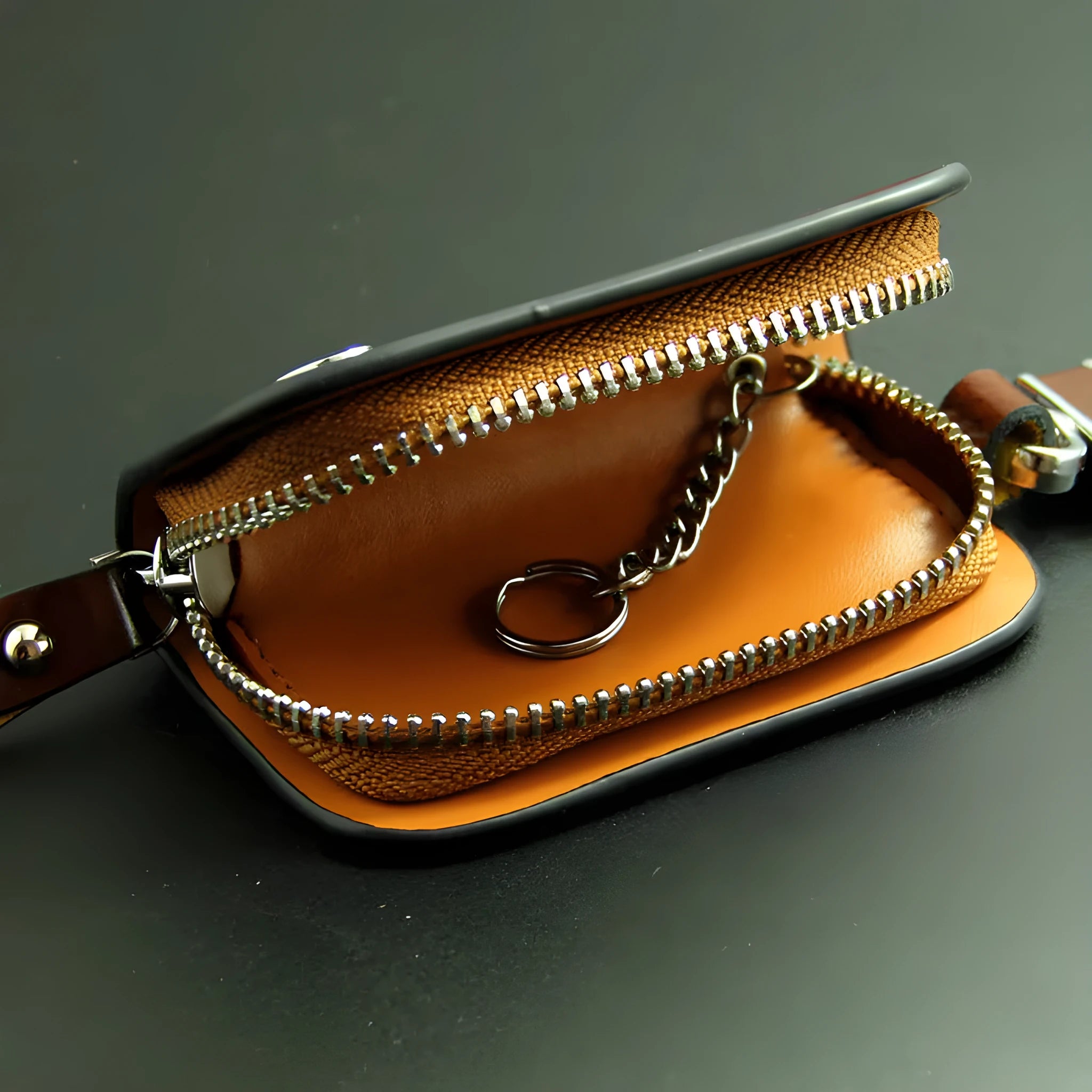 Genuine leather car key case in black or brown with frosted finish