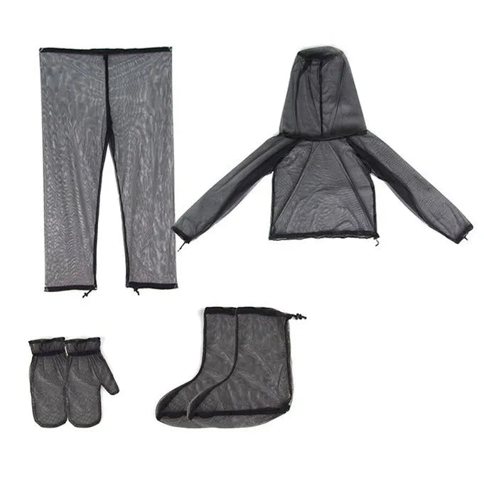 Mesh anti-mosquito suit with hooded jacket, pants, and booties for outdoor protection