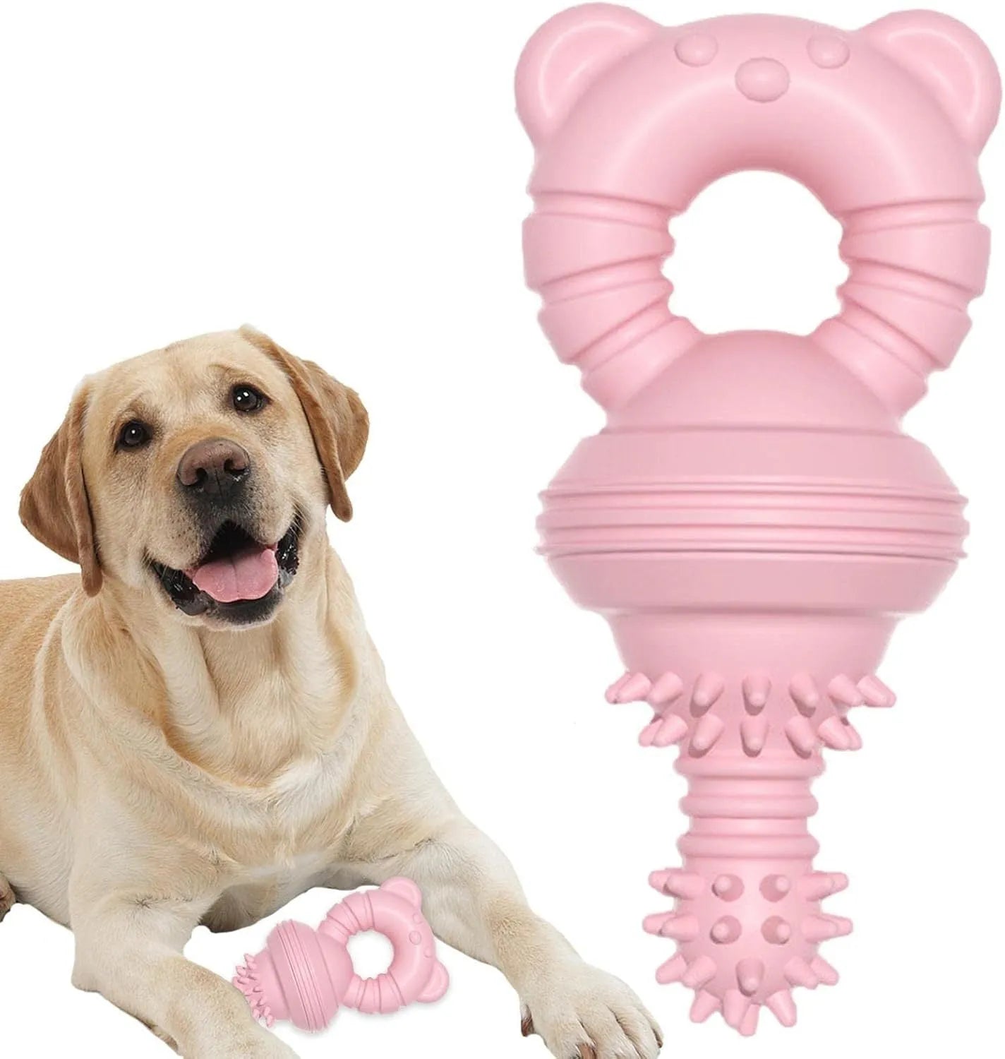 Blue rubber dog chew toy with textured surface and bell inside for teeth cleaning and play