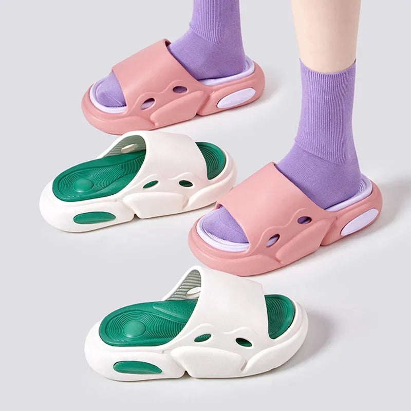 Two-colour EVA slippers for couples with thick soles and leather lining in pink purple, white green, and black white options