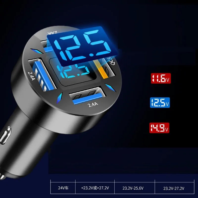 Four-port USB car charger with LED digital display showing charging status