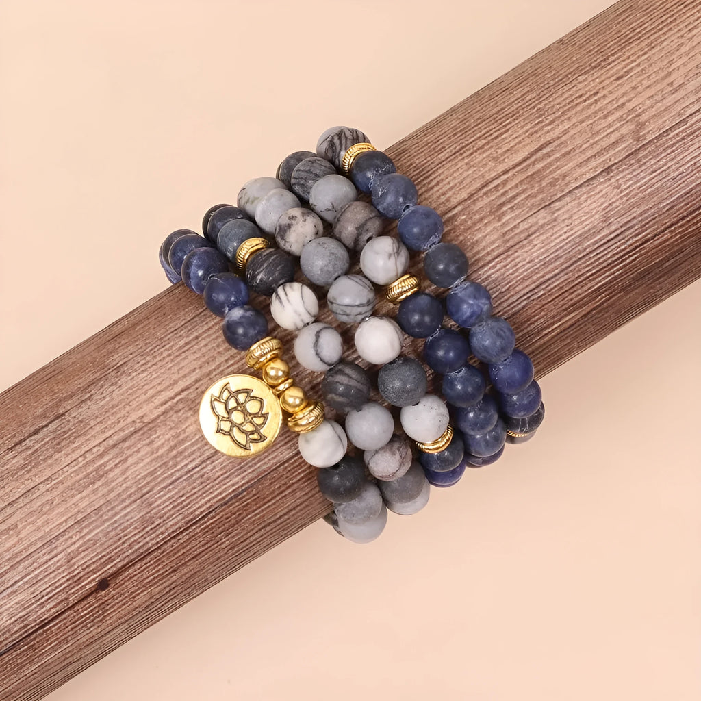 Blue patterned network stone bead multi-layer bracelet with alloy construction and adjustable fastening