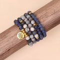 Blue patterned network stone bead multi-layer bracelet with alloy construction and adjustable fastening