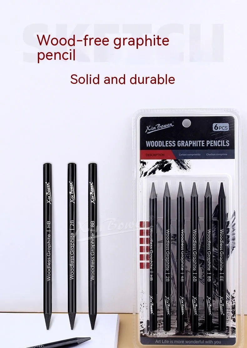 Wood-free graphite sketching pencils set with six grades HB 2B 4B 6B 8B EE for art drawing