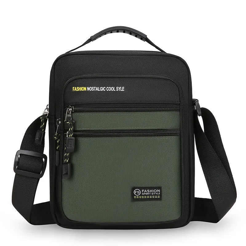 Men's nylon crossbody bag in solid colour with visible stitching, shown in green.