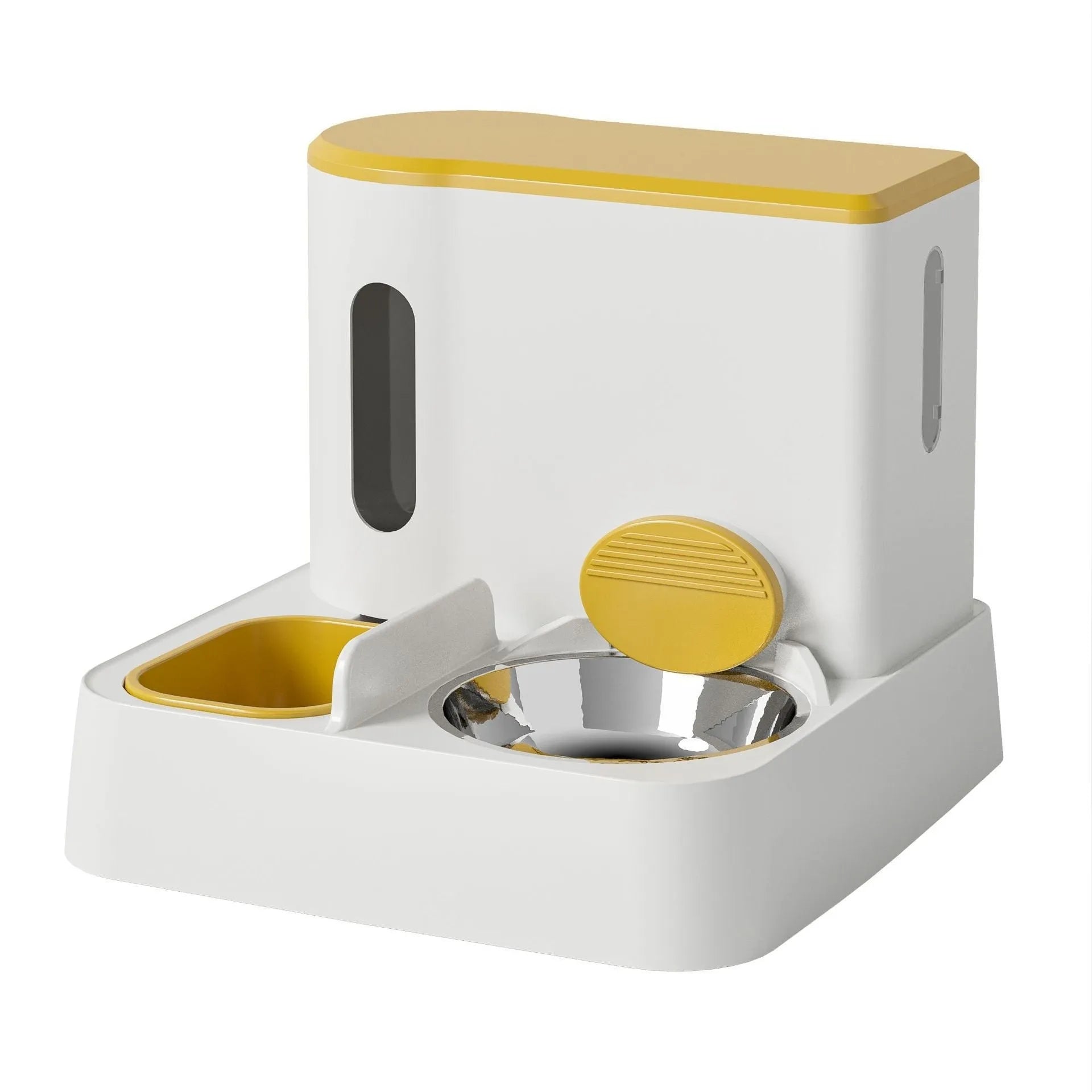 Grey automatic cat feeder with integrated water dispenser and double bowl design