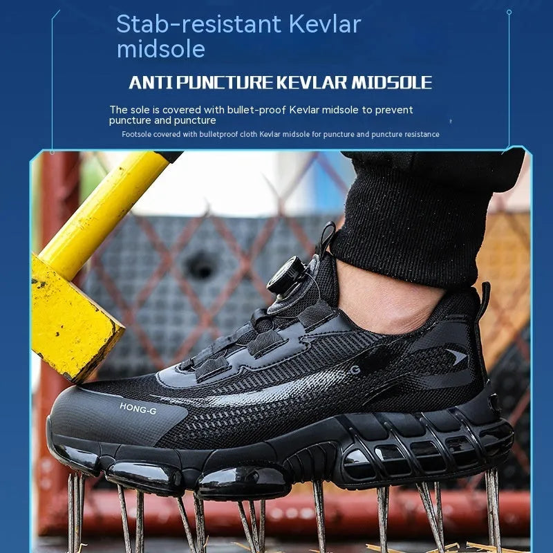 Lightweight black safety work shoes with laces and a steel toe cap on a grey background.
