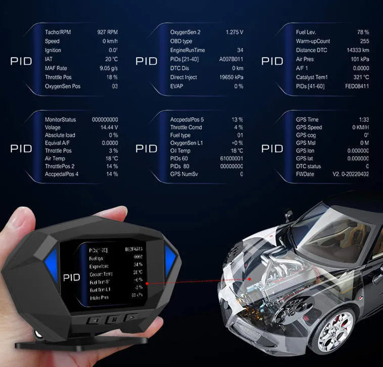 Black vehicle HUD head-up display unit with OBD cable connection for dashboard mounting