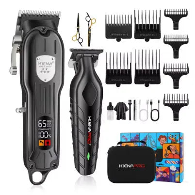 Black professional hair clipper and foil shaver set with USB cable and LED display.
