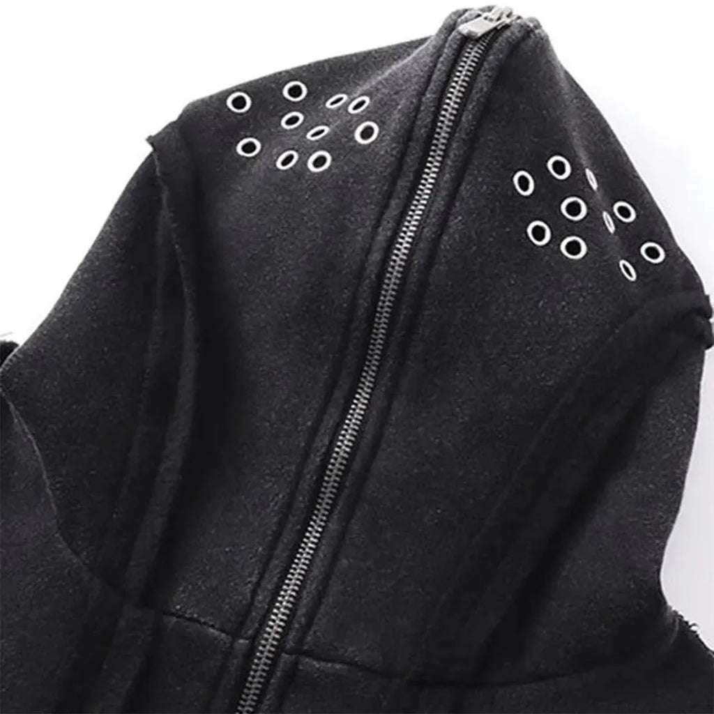 Black men's cotton hooded cardigan coat with abstract pattern and zip front