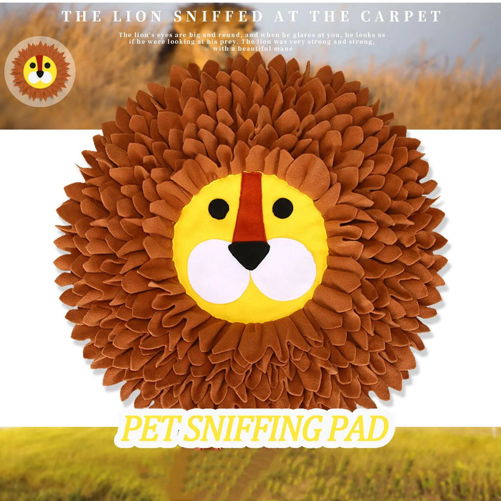 Brown lion-shaped pet sniffing pad with textured surface for hiding treats