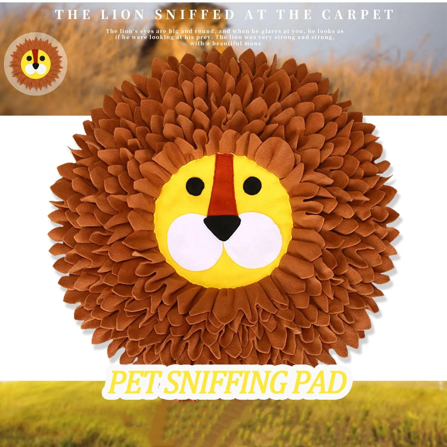 Brown lion-shaped pet sniffing pad with textured surface for hiding treats