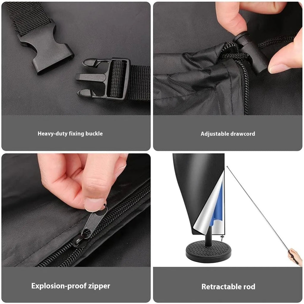Black waterproof Oxford cloth banana-shaped cover for an offset patio umbrella.