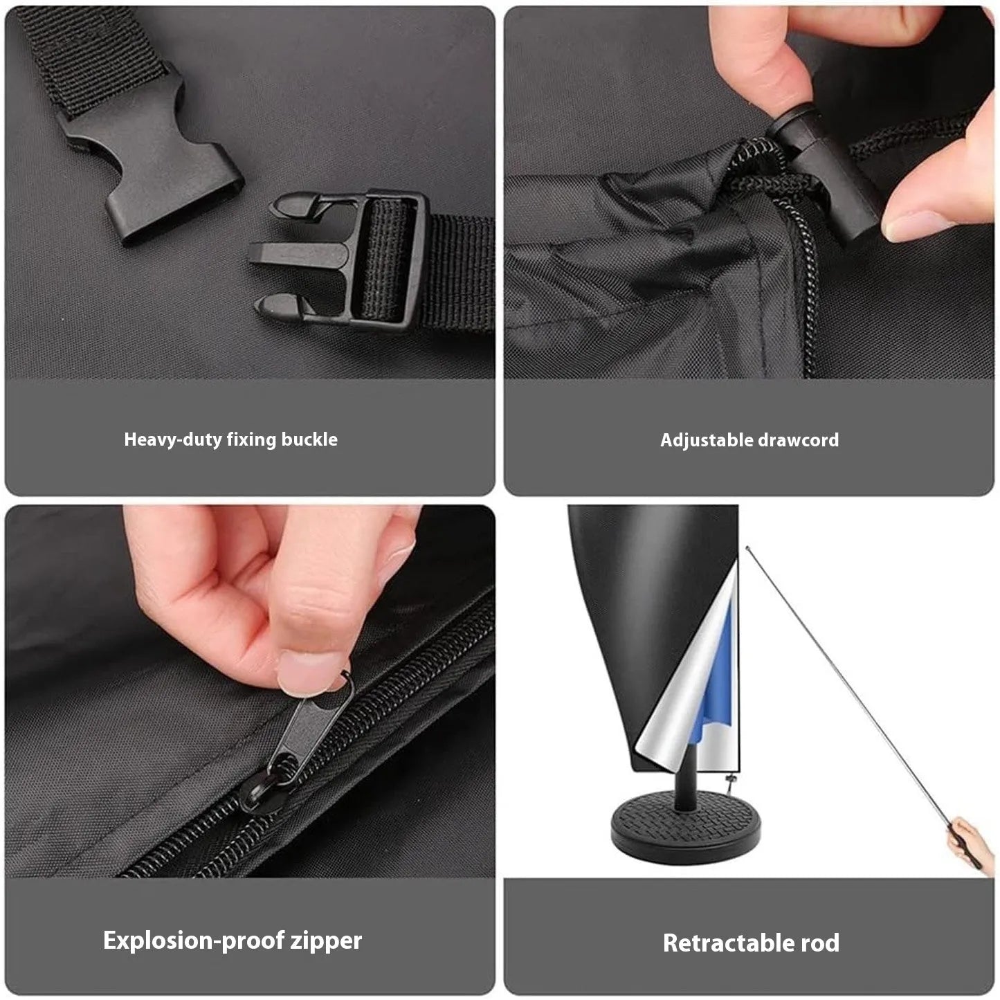 Black waterproof Oxford cloth banana-shaped cover for an offset patio umbrella.