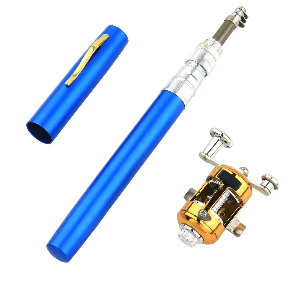 Telescopic pocket fishing rod kit shown collapsed in aluminium case and extended to 1m with ST5RL reel attached.