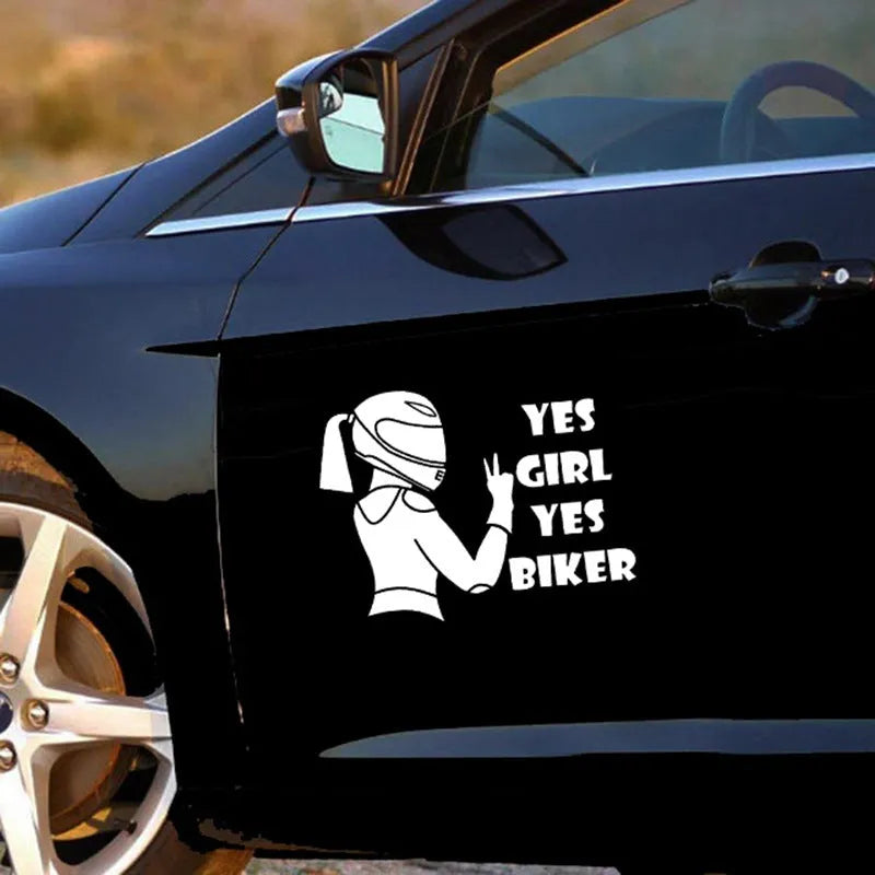 Cool girl rider waterproof car sticker with motorcycle theme, 16cm by 15cm PET vinyl