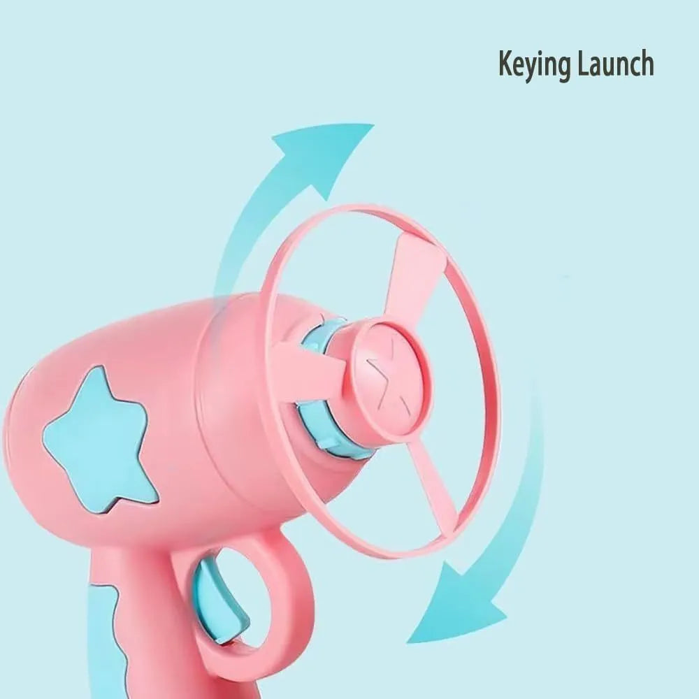 Blue interactive cat toy gun with plastic frisbee on launch mechanism for indoor feline play