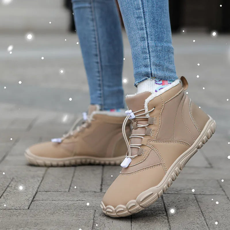 Outdoor snow boots waterproof non-slip insulated fleece-lined in black, khaki, and pink colours
