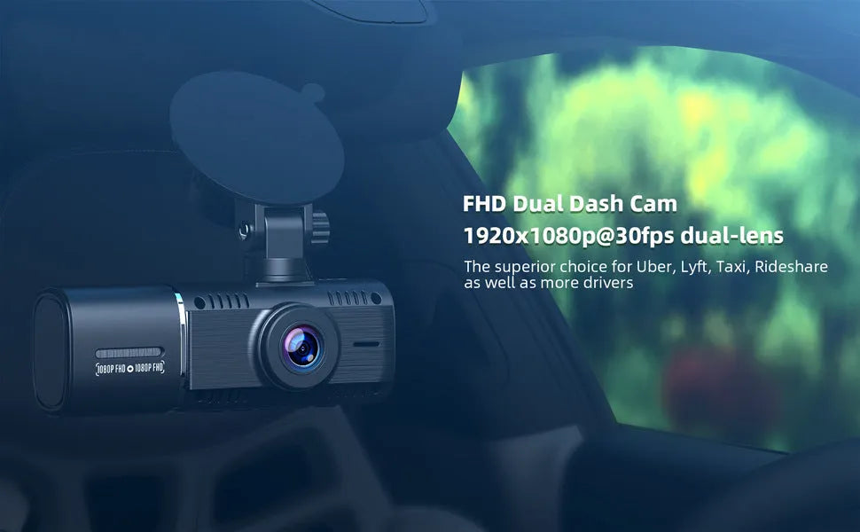 Black car dashcam with 1.5-inch screen showing dual camera recording display for front and rear vehicle monitoring