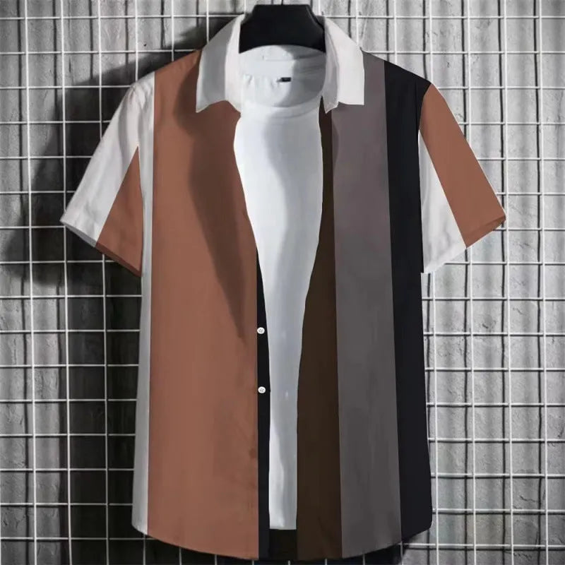 Men's linen T-shirt with 3D printed stripes on a simple striped background, short sleeve design