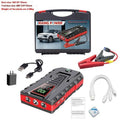 Black toolbox-style emergency jump starter with LCD display and battery clamp