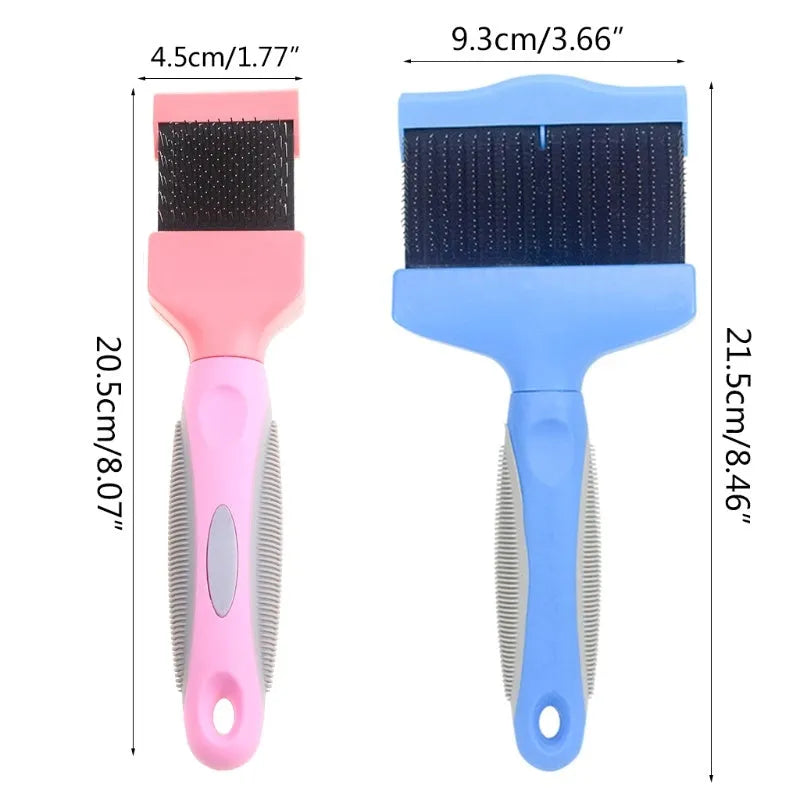 Double-sided pet brush with stainless steel pins on blue ergonomic handle