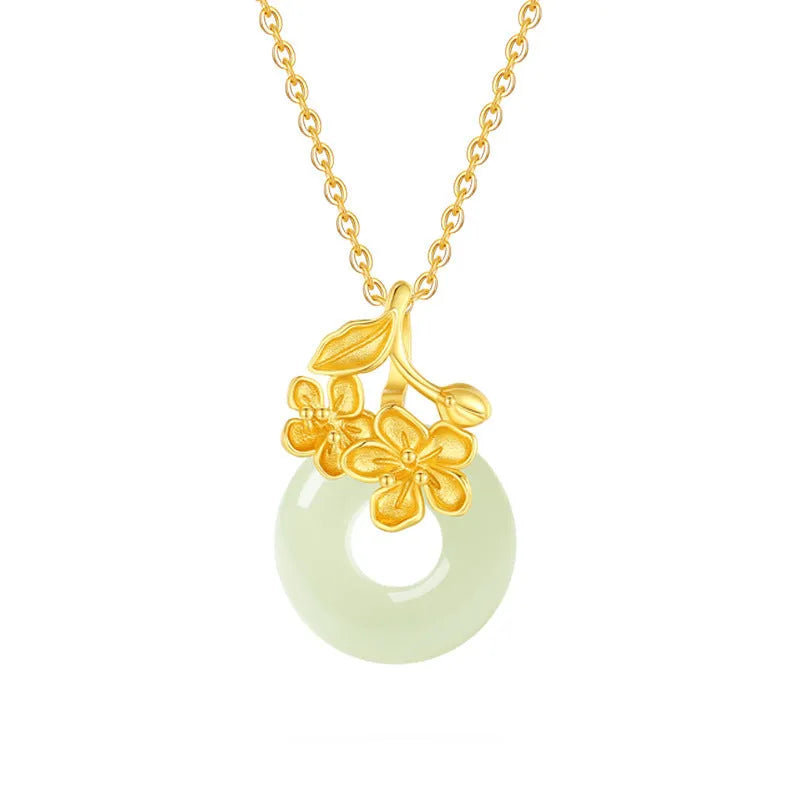 Natural Hetian jade safety buckle pendant with silver frame on adjustable cross chain, white gold electroplated finish