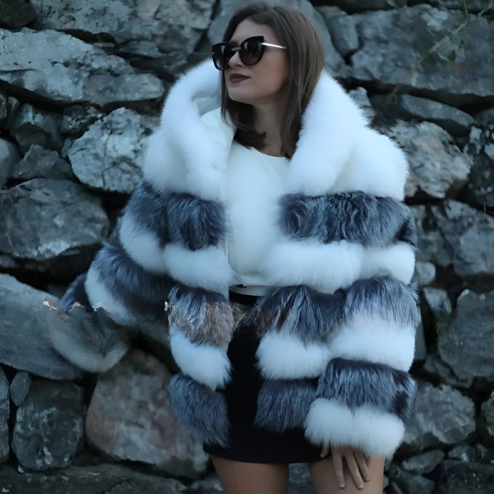 Women's loose faux fur hooded coat in street fashion style with 65cm length