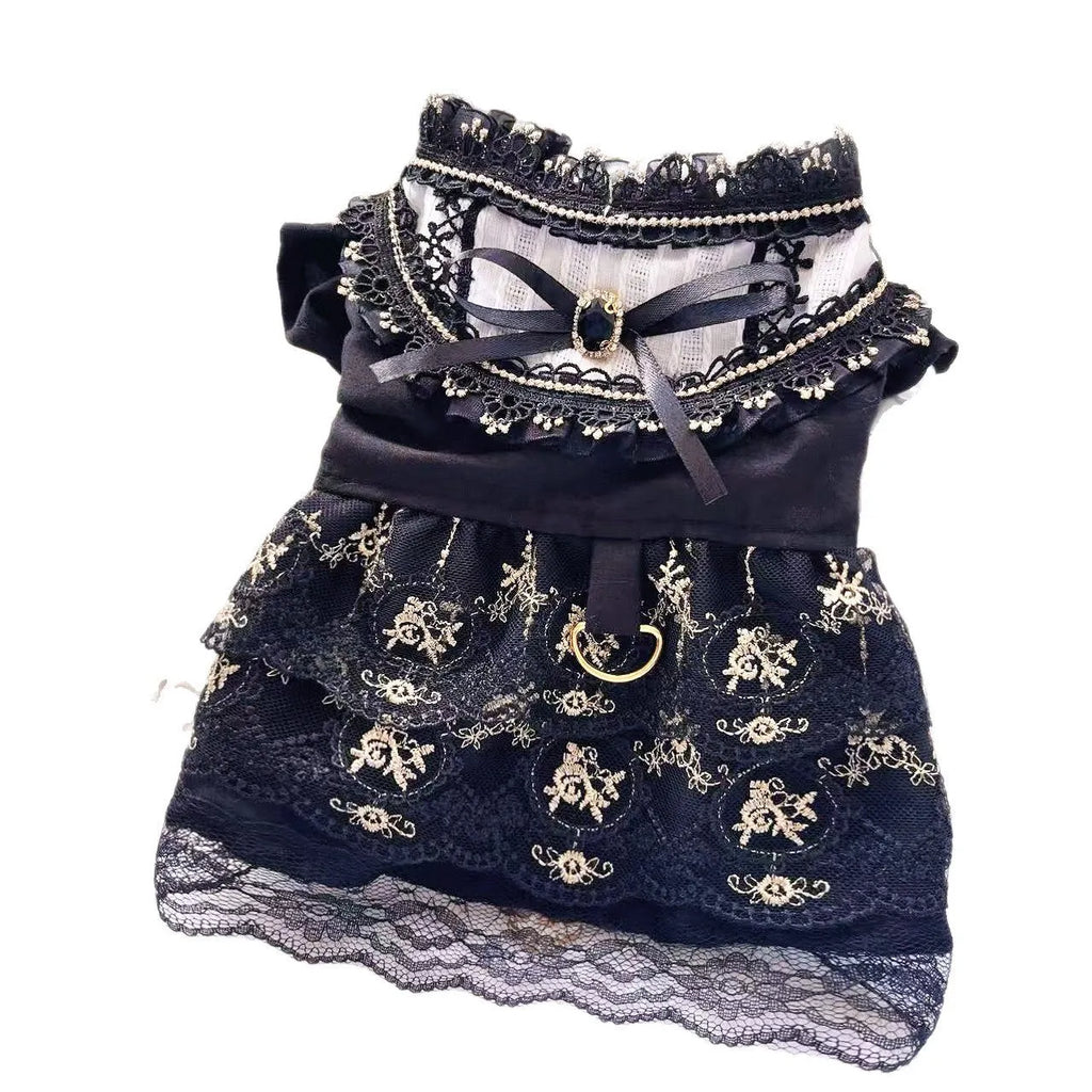 Golden gothic princess skirt for small dog or cat showing size measurements