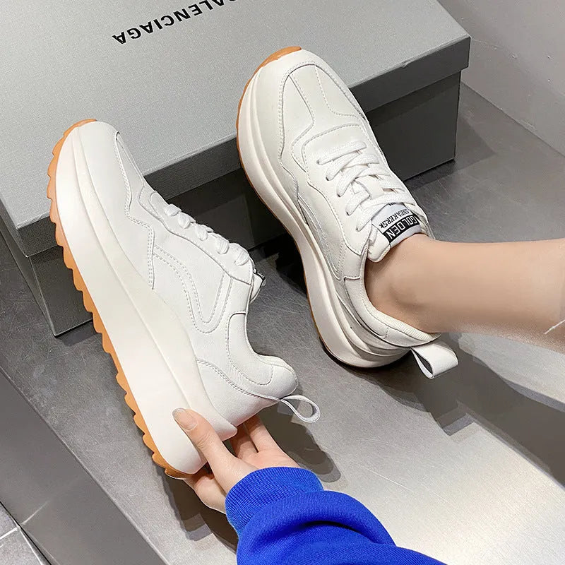 Beige women's low-top leather sports shoes with cross strap and English muffin heel