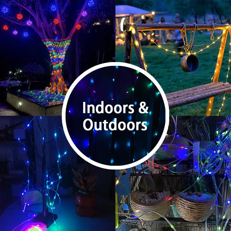 10-metre long multi-colour LED festival light string with 100 bulbs, showing eight different lighting modes.