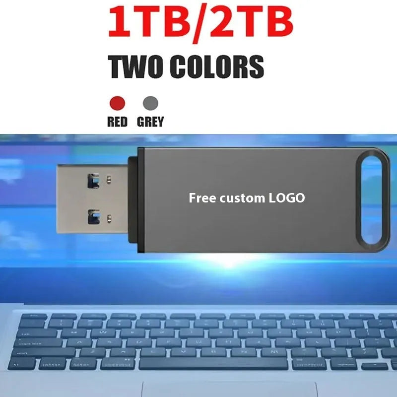 Black, red, and silver metal USB flash drive with custom graphics, showing capacity options from 1TB to 16TB.