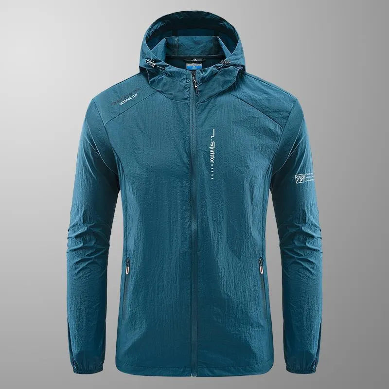 Men's lightweight grey summer hooded jacket on a hanger