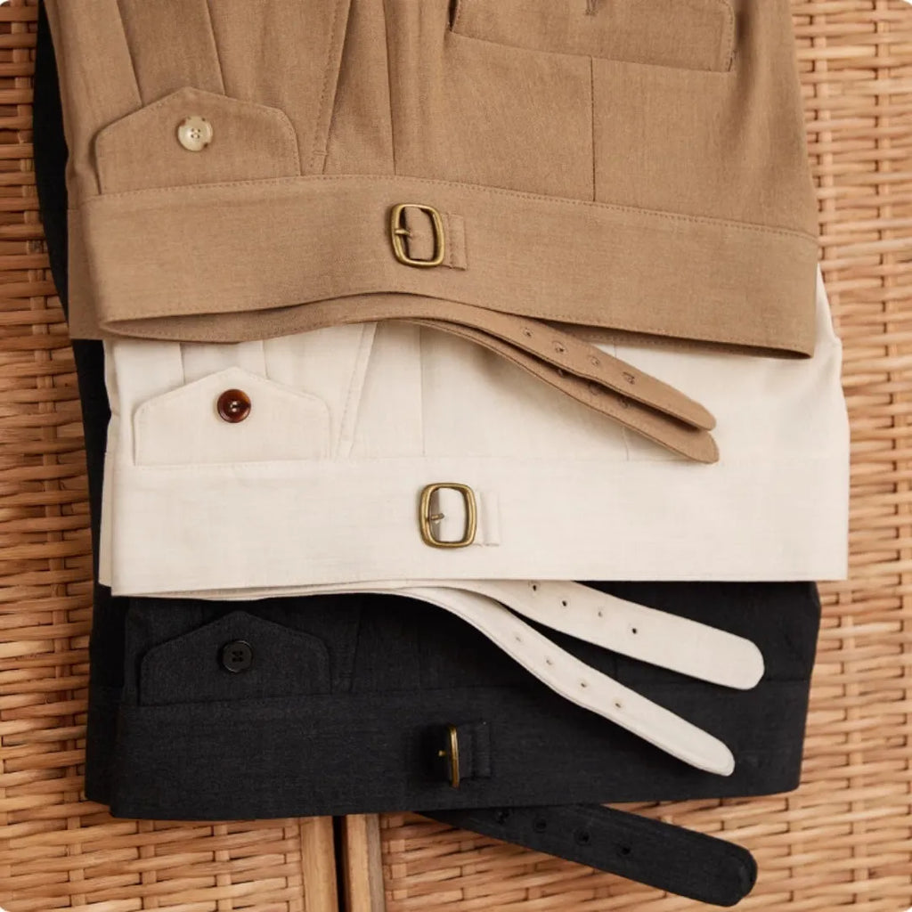 Men's slim fit straight leg business trousers in dark grey, light brown, and light apricot.