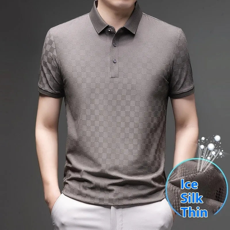 Rhombus pattern thin ice silk short sleeve t-shirt in black, showing split hem design detail.