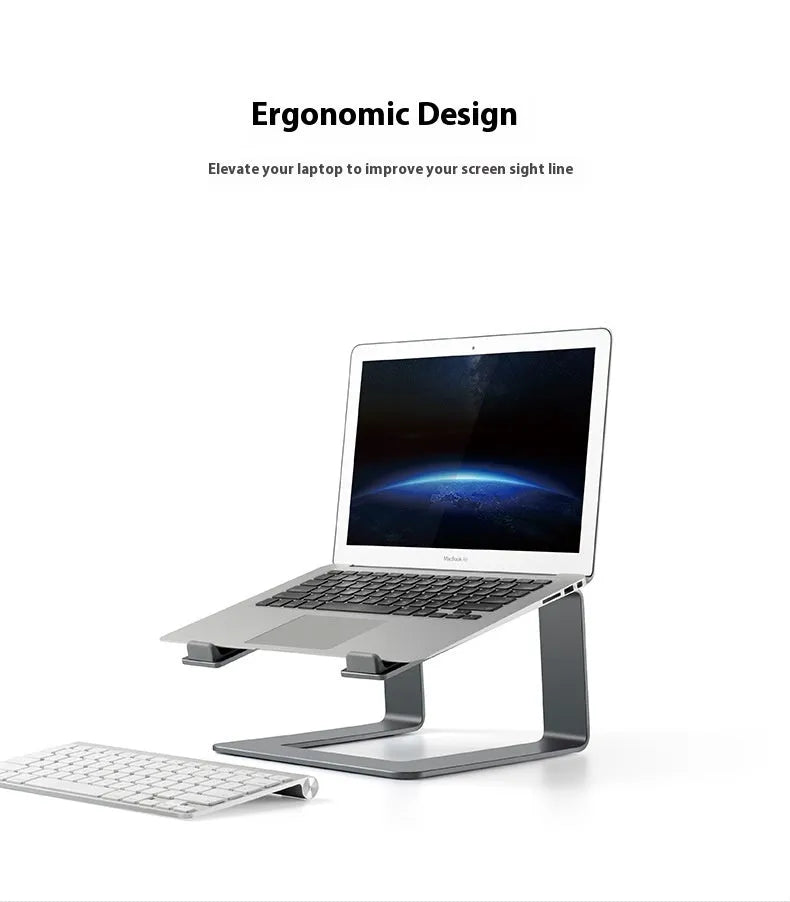 Black aluminium alloy laptop stand with open-frame design measuring 29.9cm wide on wooden desk