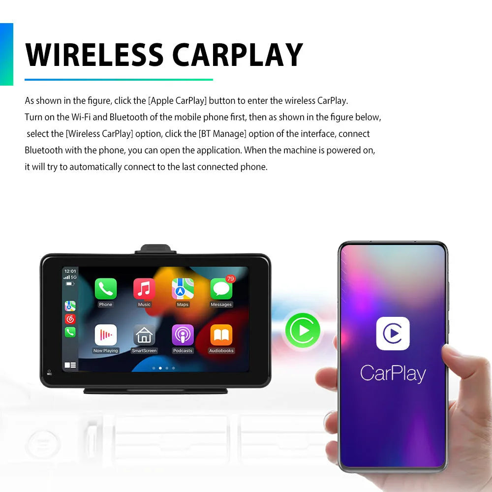 7 inch HD wired car media player screen with universal mounting supports on a dashboard
