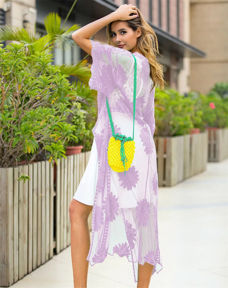 Light purple lace embroidery beach cardigan dress for women, free size with cotton lining.