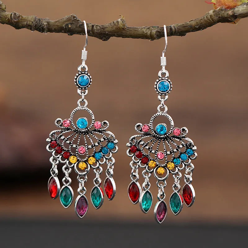 Purple retro fringe earrings with crystal drops and ethnic styling
