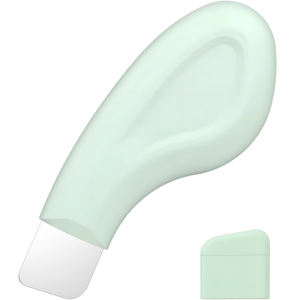 Green stainless steel face spatula blackhead remover tool with non-slip handle for nose and face skin care