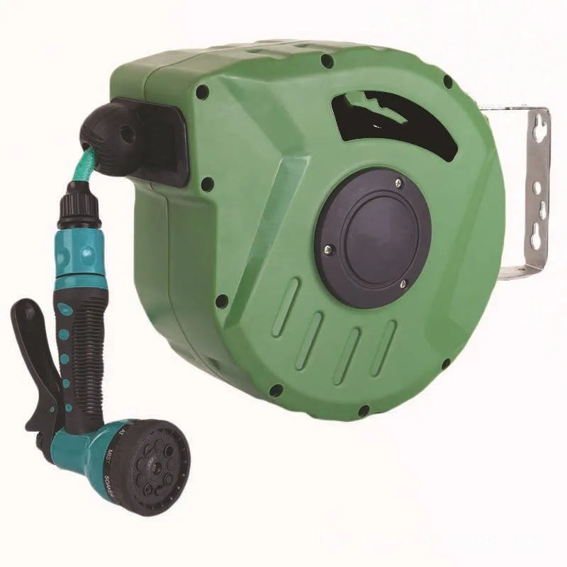 Automatic retractable hose reel with 10m PVC water pipe in compact housing for car wash and garden use