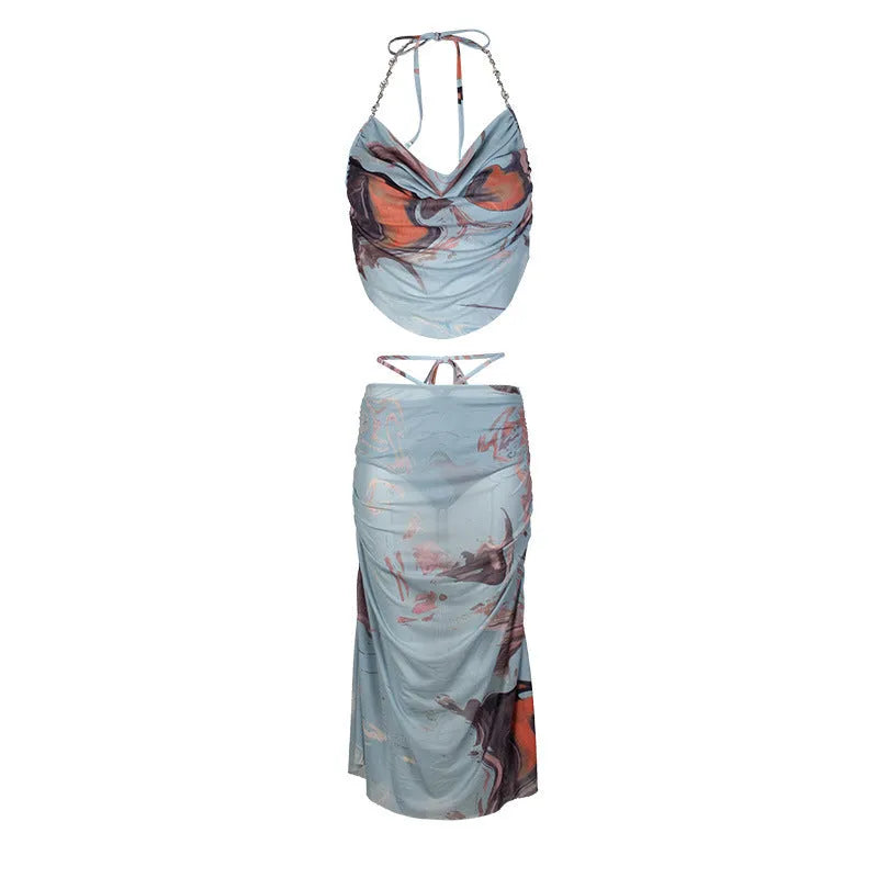 Blue women's bikini set with diamond chain split design for hot spring and beach holidays