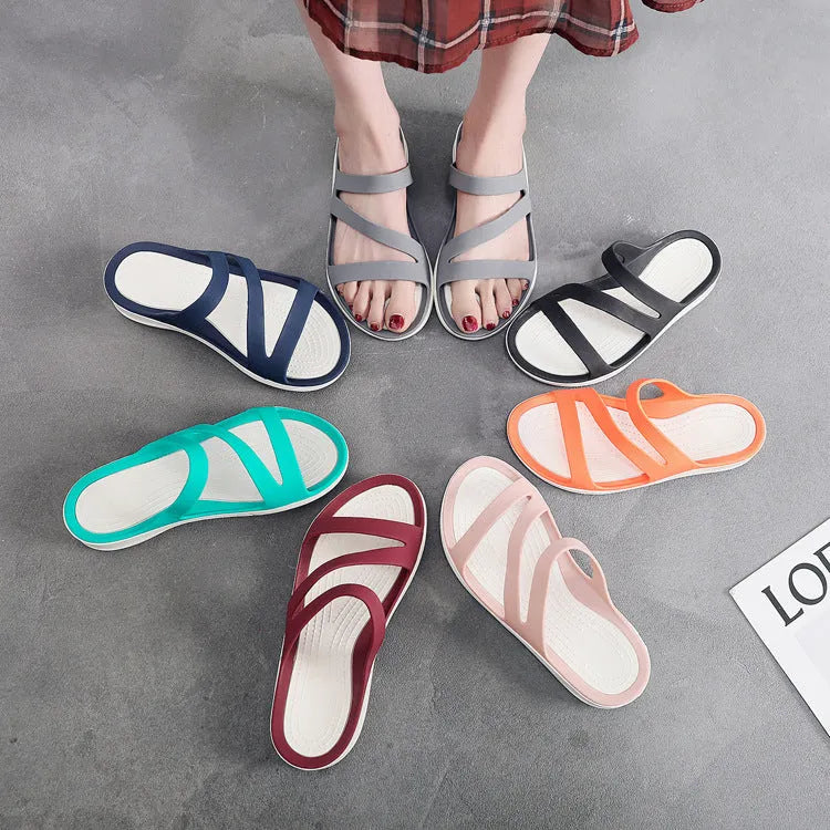 Women's casual beach sandals in breathable PP material available in six solid colours