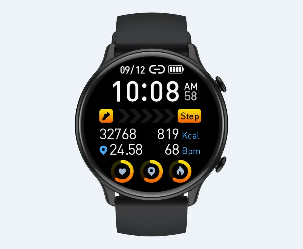 Round touch screen smart sports watch with silicone strap in black, blue, or pink colours