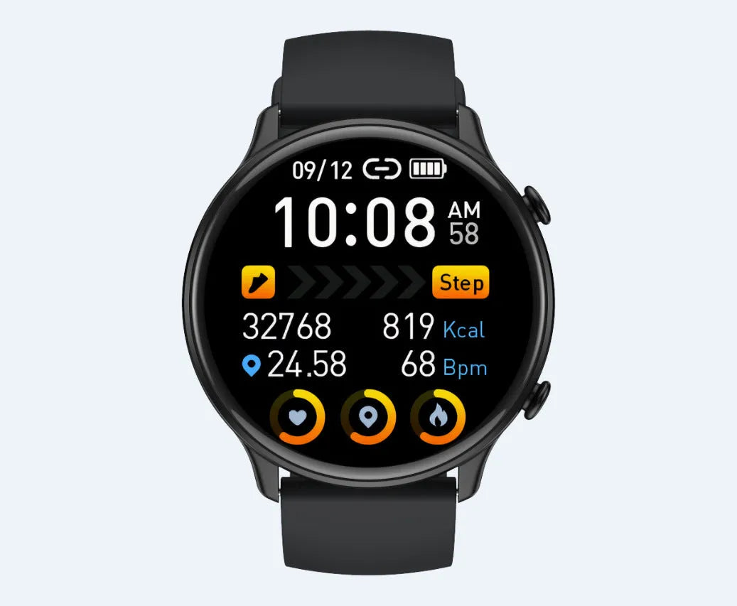 Round touch screen smart sports watch with silicone strap in black, blue, or pink colours
